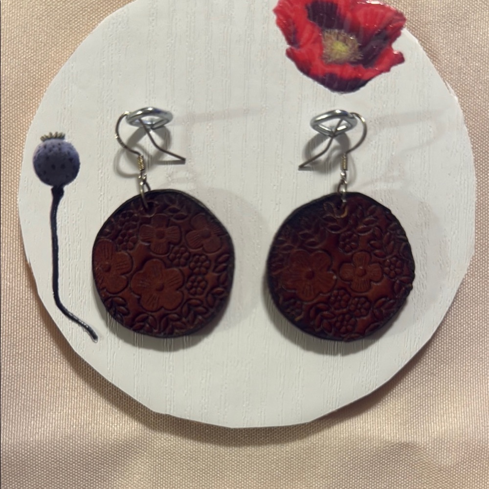 Brown Textured Disc Earrings with Silver Accents